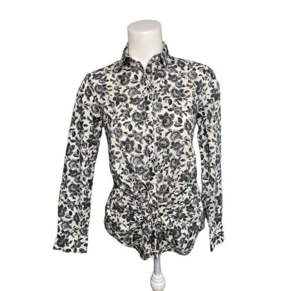 THAKOON Design Nation Black White Floral Button Down Ruched‎ Top Sz Small